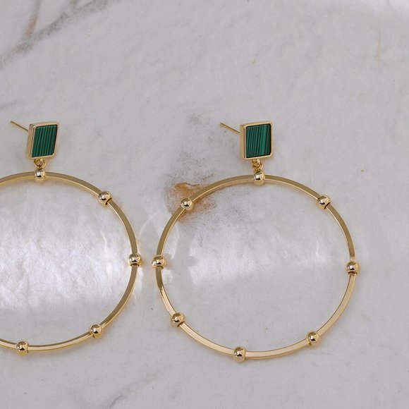 14K Gold Plated Brass Green Malachite Earrings - Picture 5 of 12